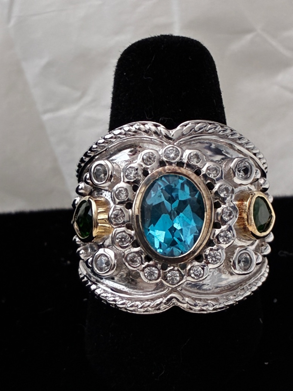 Dallas Prince Sterling Silver Wide Ring with Blue Center Stone and Green Accents
